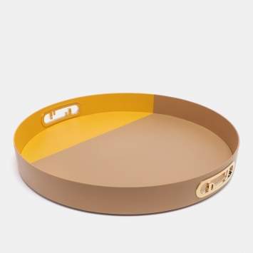 Pre Owned Fendi Beige/Yellow Leather O’Lock Round Tray