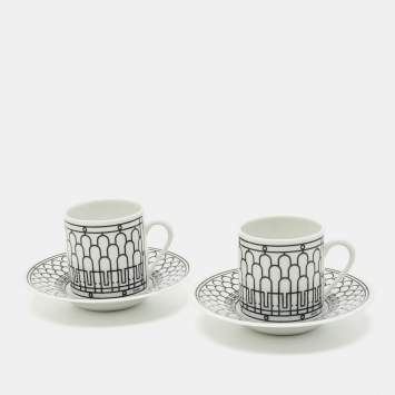 Hermès Black/White H Deco Coffee Cup and Saucer Set of 2