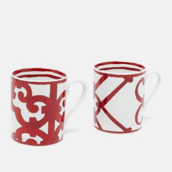Pre Owned Hermès Red/White Porcelain Balcon du Guadalquivir Mugs Set of 2 