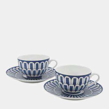 Pre Owned Hermes Teacup & Saucer (Blue Daiyule) Set Of 2 White/Blue Porcelain