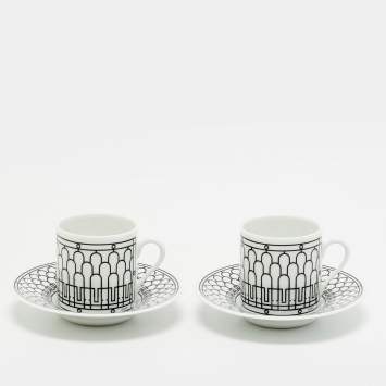 Pre Owned Hermès H Deco Porcelain Coffee Cup and Saucer Set of 2