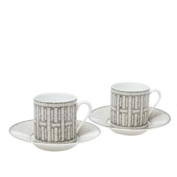 Pre Owned Hermes Mosaique au 24 Platinum Coffee Cup & Saucer Set