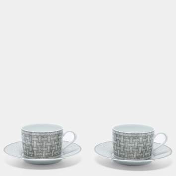 Pre Owned Hermes Mosaique AU 24 Platinum Tea Cup And Saucer Set