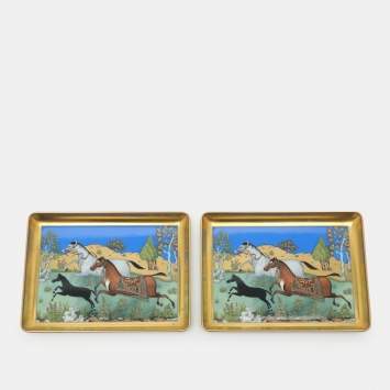 Pre Owned Hermès Porcelain Gold Cheval d'Orient Small Tray Set 2