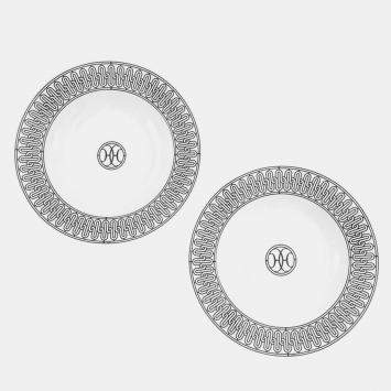 Pre Owned HERMES H Deco Soup Plates (Set of 2) White/BlackP037013P Porcelain Size 8.7"