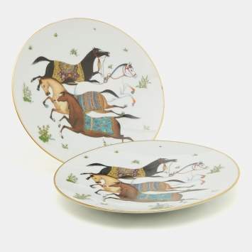 Pre Owned Hermes White Cheval d’Orient  Printed Porcelain Dessert Plates Set of 10