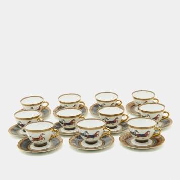 Pre Owned Hermes Cheval d'Orient Printed Porcelain Teacup & Saucer Set of 11