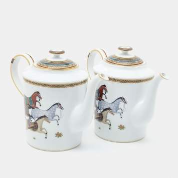 Pre Owned Hermès White Cheval d’Orient Printed Porcelain Teapots Set of 2