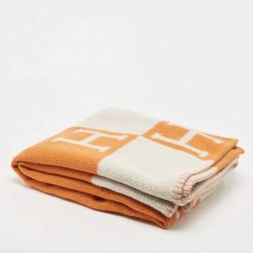 Pre Owned Hermes Orange/Cream Avalon Wool Throw Blanket