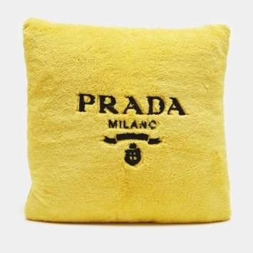 Pre Owned Prada Yellow Logo Embroidered Fleece Cushion 50 cm x 50 cm