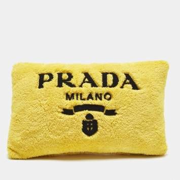 Pre Owned Prada Yellow Logo Embroidered Fleece Cushion 25 cm x 40 cm