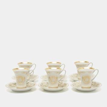 Pre Owned Rosenthal Meets Versace Gold/White Medusa Gala Espresso Cup and Saucer Set Of 6