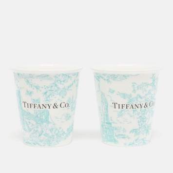 Pre Owned Tiffany & Co. Toile Fine Bone China White Coffee Cup Set of 2