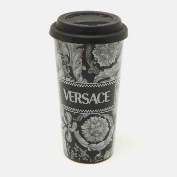 Pre Owned Versace Black & Gray Barocco Travel Mug