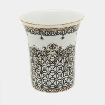 Pre Owned Rosenthal Meets Versace White & Black Margueterie Printed Porcelain Short Vase
