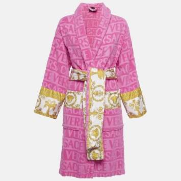 Pre Owned Versace Home Pink Terry Baroque Print Belted Bathrobe S