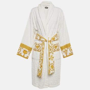 Pre Owned Versace Home White Terry Baroque Belted Bathrobe M