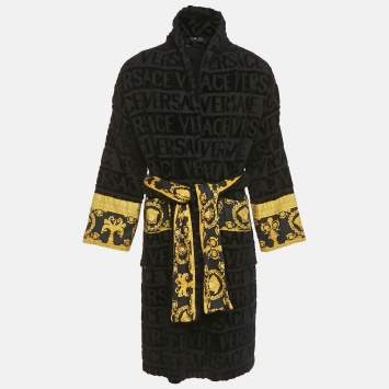 Pre Owned Versace Home Black Terry Baroque Belted Bathrobe M