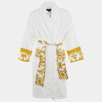 Pre Owned Versace Home White Monogram Terry Cotton Baroque Print Bathrobe L 