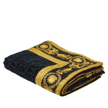 Pre Owned Versace Black Barocco Logo Terry Cotton Large Beach Towel