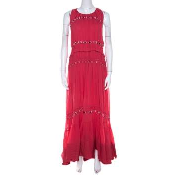 Pre Owned 3.1 Phillip Lim Pink Silk Eyelet Embroidered Pintucked Flared Evening Gown S