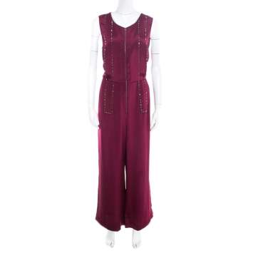 Pre Owned 3.1 Phillip Lim Burgundy Embellished Silk Crepe Wide Leg Jumpsuit M