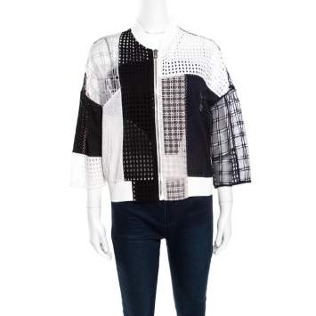 Pre Owned 3.1 Phillip Lim White and Navy Blue Cotton Eyelet Patchwork Detail Bomber Jacket S
