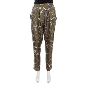 Pre Owned 3.1 Phillip Lim Olive Green Floral Printed Silk Drape Detail Elasticized Waist Pants S