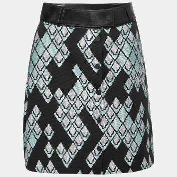 Pre Owned 3.1 Phillip Lim Celadon Black Geometric Patterned Jacquard Leather Belted A Line Skirt S