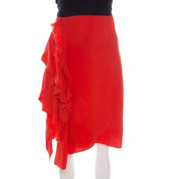Pre Owned 3.1 Phillip Lim Paprika Red Silk Cascading Ruffle Fringed Asymmetric Skirt S