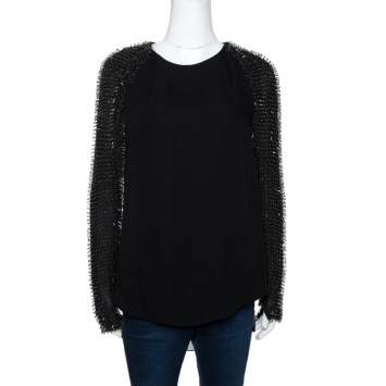 Pre Owned 3.1 Phillip Lim Black Silk Crepe Static Beaded Sleeve Top XS