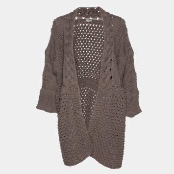Pre Owned Agnona Dark Beige Cotton Knit Cable Thick Cardigan XXXL