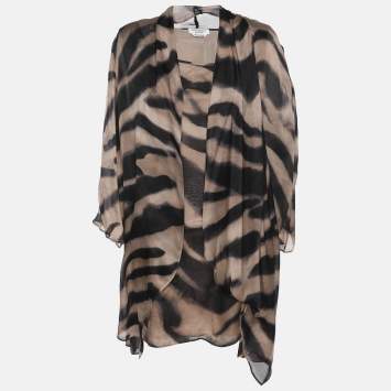 Pre Owned Marina Rinaldi Beige Zebra Print Chiffon Twinset Cardigan L