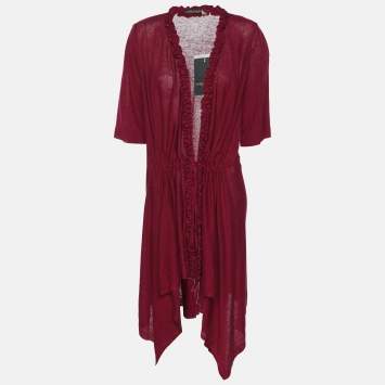 Marina Rinaldi Burgundy Stretch Knit Ruffle Edge Drawstring Cardigan L