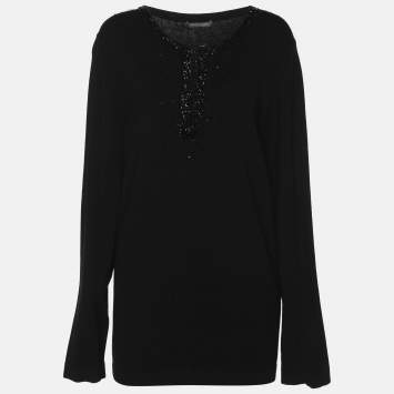 Pre Owned Marina Rinaldi Black Jersey Beads Embellished Tops XL