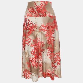 Pre Owned Basler Orange/Beige Coral Print Jersey Midi Skirt XL