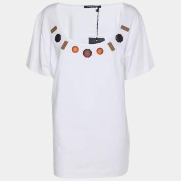 Pre Owned Marina Sport by Marina Rinaldi White Jersey Embellished T-Shirt L