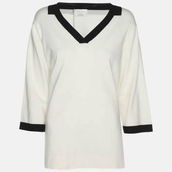 Marina Rinaldi Cream Jersey Contrast Trim V Neck Sweater L