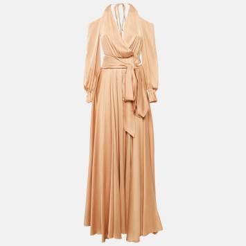 Pre Owned Maison d'Angelann Gold Beige Silk Satin Draped Off-Shoulder Long Dress M
