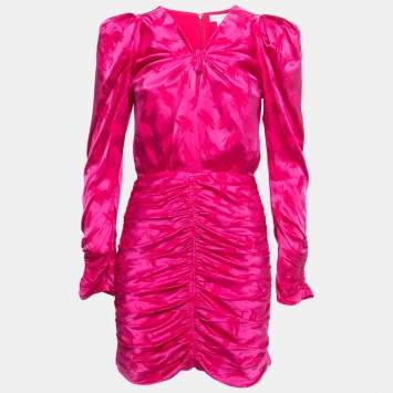 مملوكة مسبقًا Ronny Kobo Hot Pink Satin Knot Detail Ruched Mini Dress S