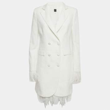 مملوكة مسبقًا 8 Yoox White Feather Trim Tweed Blazer and Skirt Set M
