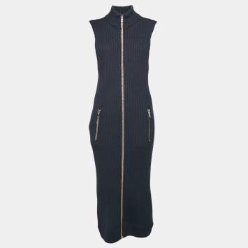 Pre Owned Acne Studios Navy Blue Rib Knit Zip-Up Sleeveless Midi Sweater Dress M