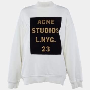 Pre Owned Acne Studios Cream Flocked Logo Cotton High Neck Sweatshirt M