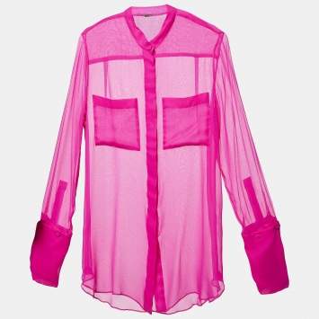 Pre Owned Adam Lippes Pink Sheer Silk Crepe Shirt Top M