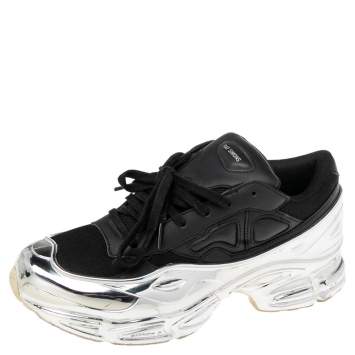 Pre Owned Adidas By Raf Simons Black-Silver Leather And Mesh Ozweego Sneakers Size 41.5