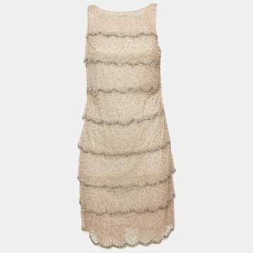 Pre Owned Adrianna Papell Evening Grey Beaded Tulle Tiered Mini Dress M