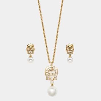 Pre Owned Aigner Crystal Faux Pearl Gold Tone Necklace & Earrings Set