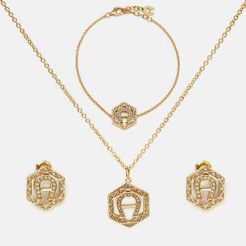 Aigner Logo Crystals Gold Tone Necklace Bracelet Earrings Set