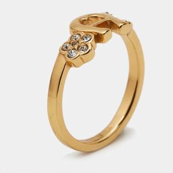 Pre Owned Aigner Logo Crystals Gold Tone Ring Size 53