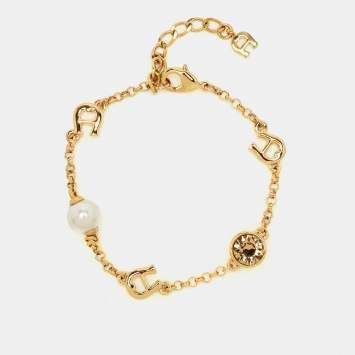 Pre Owned Aigner Faux Pearl Crystals Gold Tone Bracelet